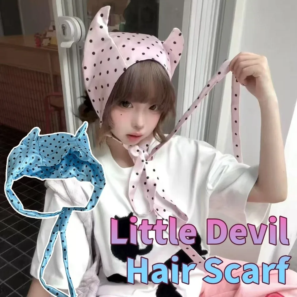 

Y2K Little Demon Hair Scarf Hip Hop Headband Hair Band with Ears Sweet Soft Wrap Polka Dot Headscarf Streetwear