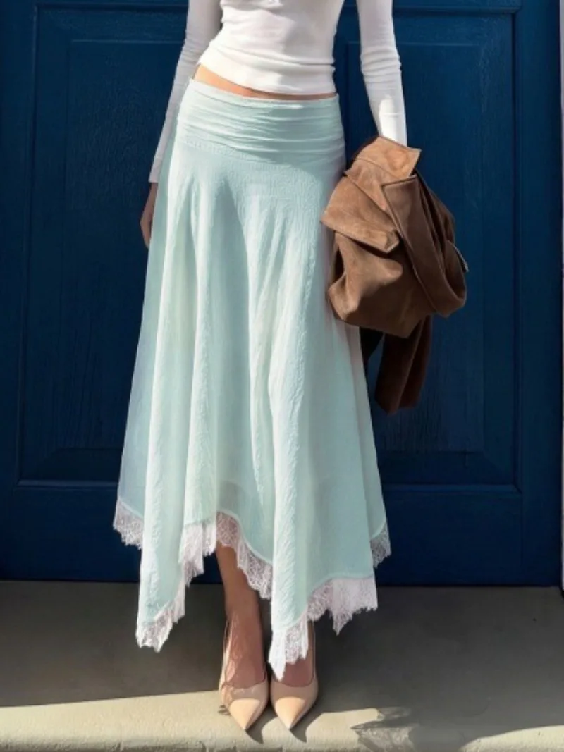 Elegant Low Waist A-line Long Maxi Skirt for Women Lace Patchwork Irregular Holiday Party Skirts Female Casual Dress Streetwear