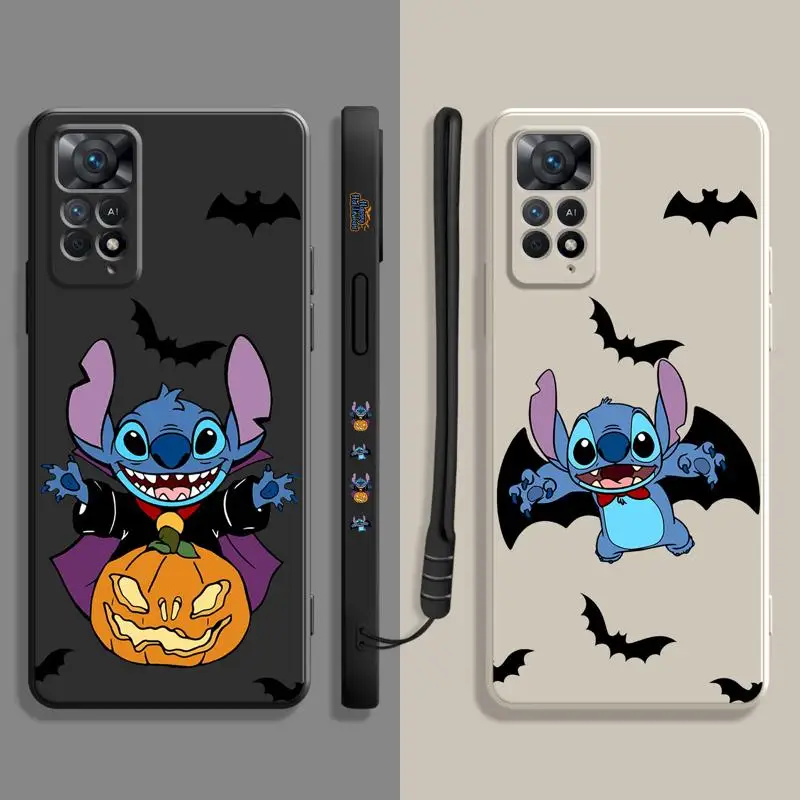 Luxury Liquid Case For Xiaomi Redmi Note 11 11T 9 9S 8 10 Pro for Redmi 8 9T 9A 9C 10C K40 Disney Stitch Halloween Cosplay Bat