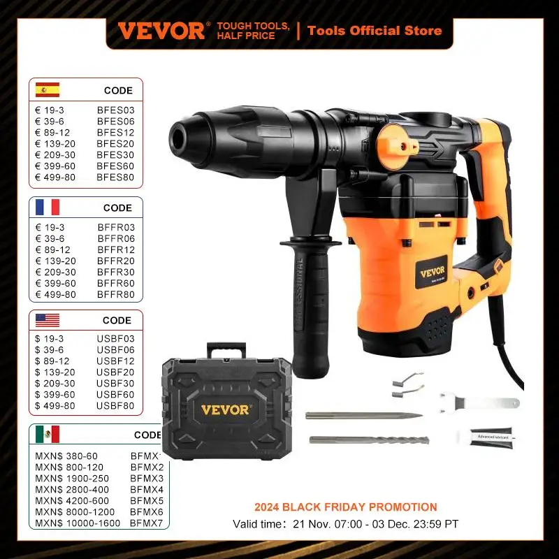 VEVOR 1600W Rotary Hammer Drill Max Drilling 42mm 3 Modes SDS Max Corded Demolition Chipping Metal Concrete Breaker Jackhammer