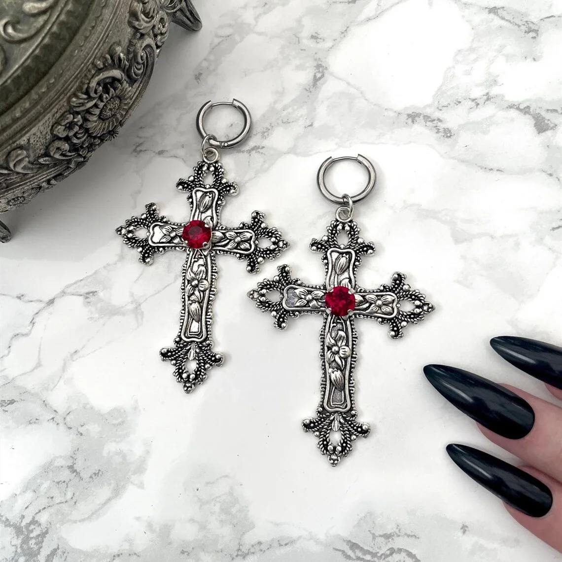 Fashion Large Silver Tone Gothic Jewel Cross Pendant Earrings