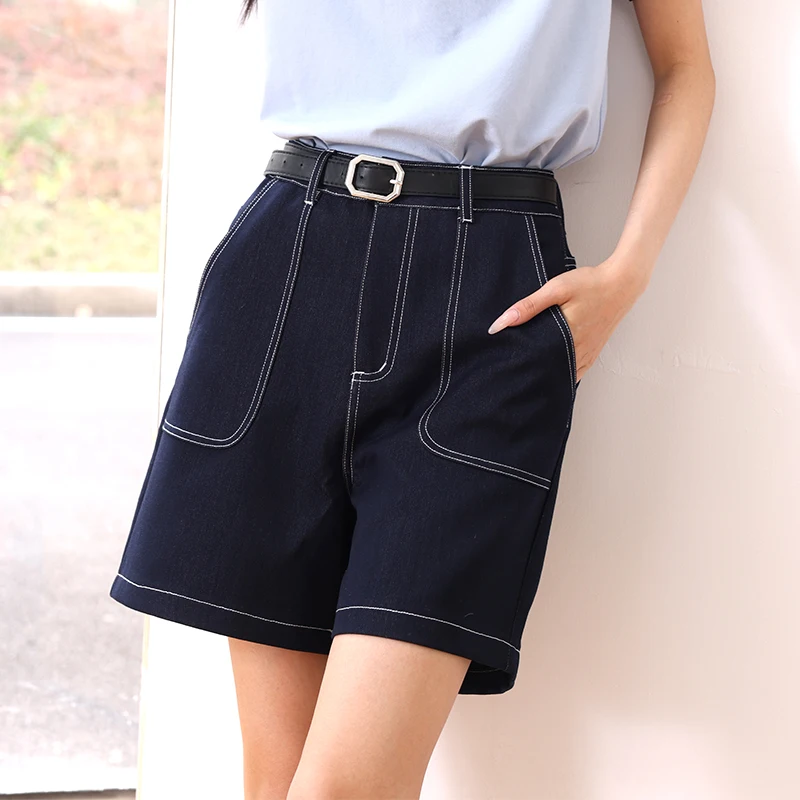 2024 Summer Denim Shorts Women Jeans Elegant Chic High Waist Loose Casual Deep Blue Cowboy Wide Leg Short Pants Female C3290