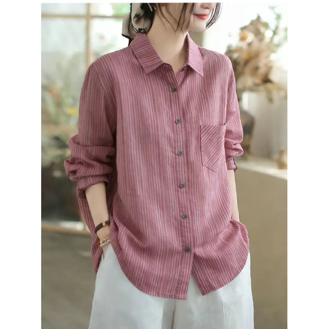 

plus Size Women's Shirt Cotton Linen Loose Long Sleeve Striped Top Breathable Comfortable Spring Autumn Fashion Outerwear