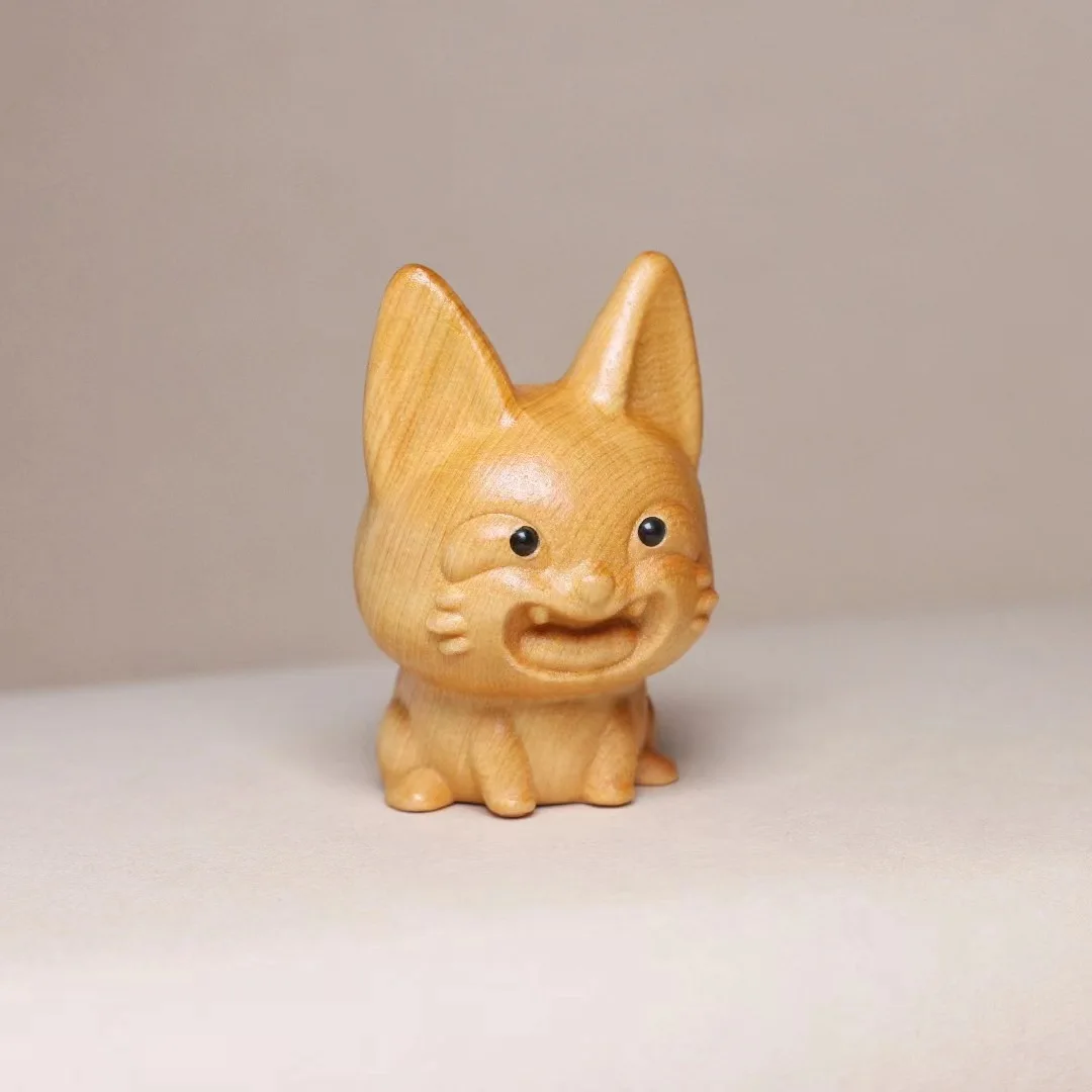 

Cute Cartoon Wooden Lucky Cat Figurine 1.96" Cliff Cypress Wood Carved Naughty Smile Cat Statue Home Decor,Cat lovers,As a gift
