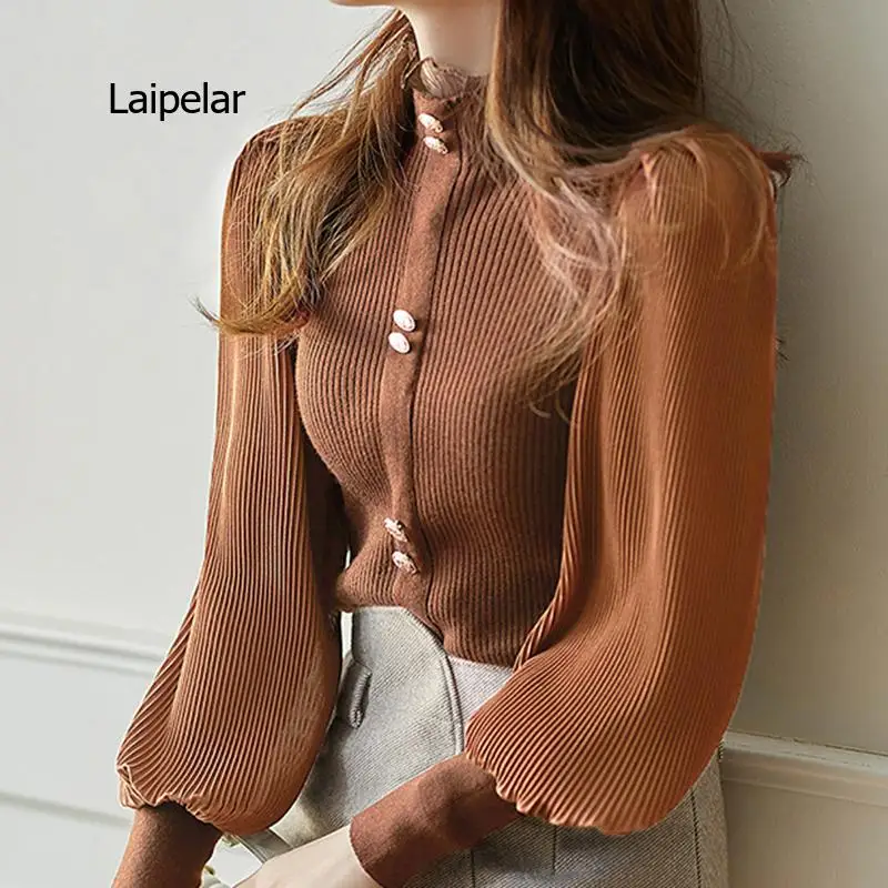 Autumn Elegant Chiffon Patchwork Turtleneck Sweater Women Winter New Korean Knitted Tops Long Sleeve Pullovers