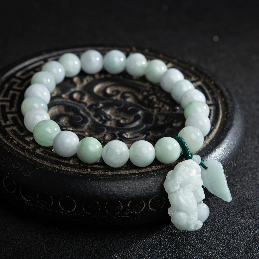 

TIMESWIND Wealth Natural Myanmar A-type Jade White Beaded PIXIU Leaf Pendant Women Bracelet with Certificate