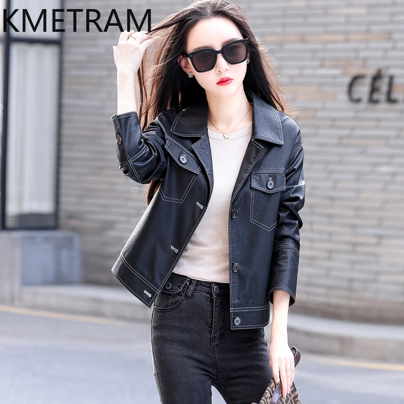 Kmetram echte Schaffell Lederjacke Frauen Frühling Herbst kurze Damen bekleidung dünne Motorrad Damen mantel 2024 Slim Fit