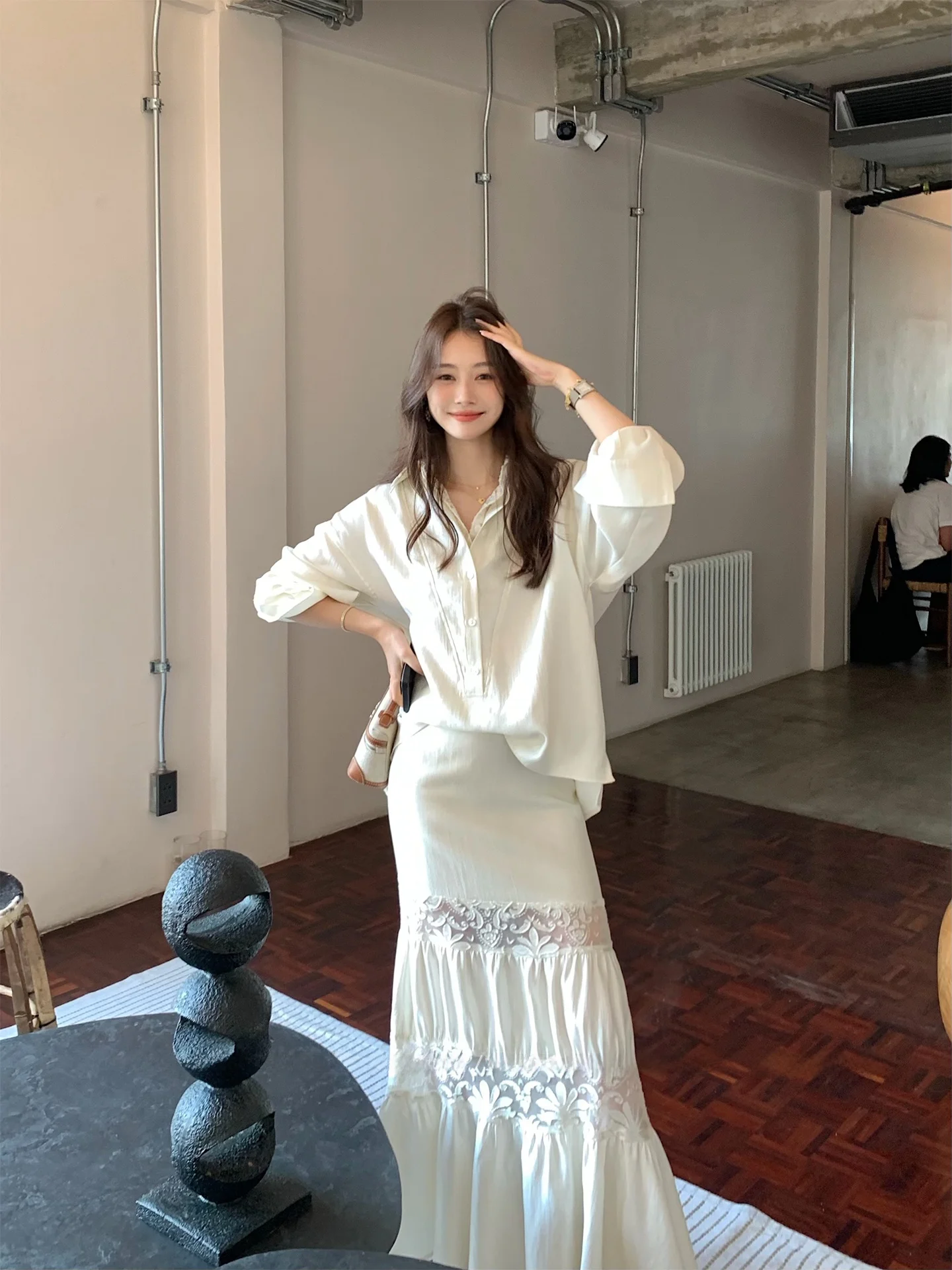 

Double Layer Collar Lace Splice irt Micro Transparent Fi Tail f Skirt Set Women's Faion Spring Outfit High Waist