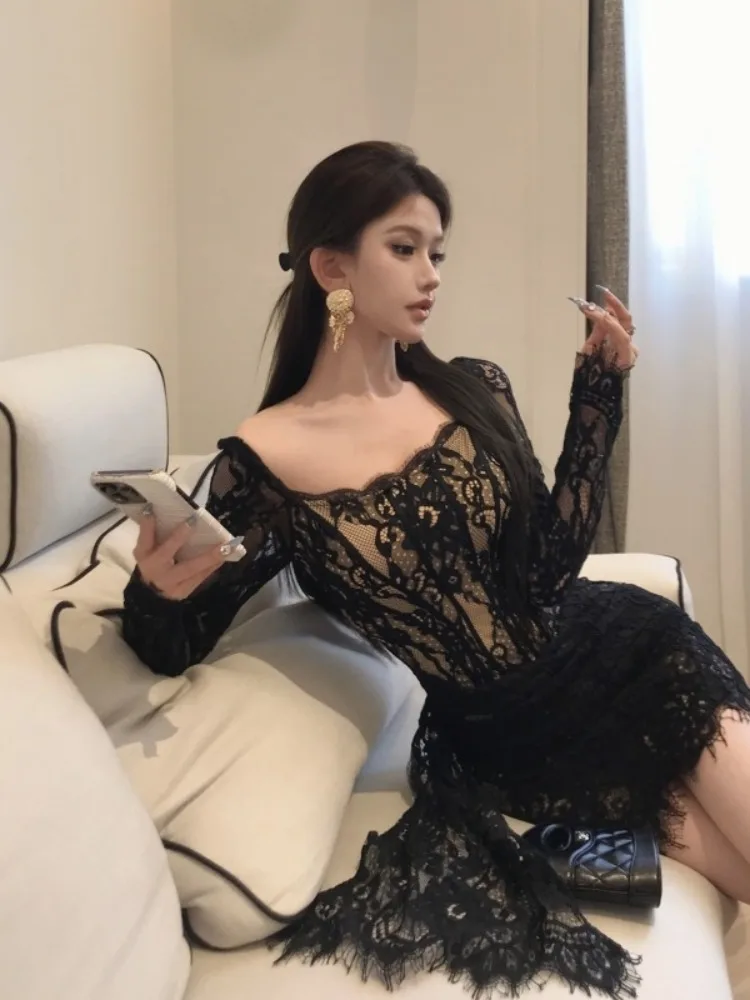 Rouge dentelle épissure longue Sve femmes Dr taille haute ort jupe ajustement serré moulante col carré automne Faion décontracté Dr