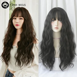 7JHH WIGS Synthetic Loose Curly Wave Dark Brown Wig for Women Four Seasons Use High Density Long Black Tea Hair Wigs with Bangs