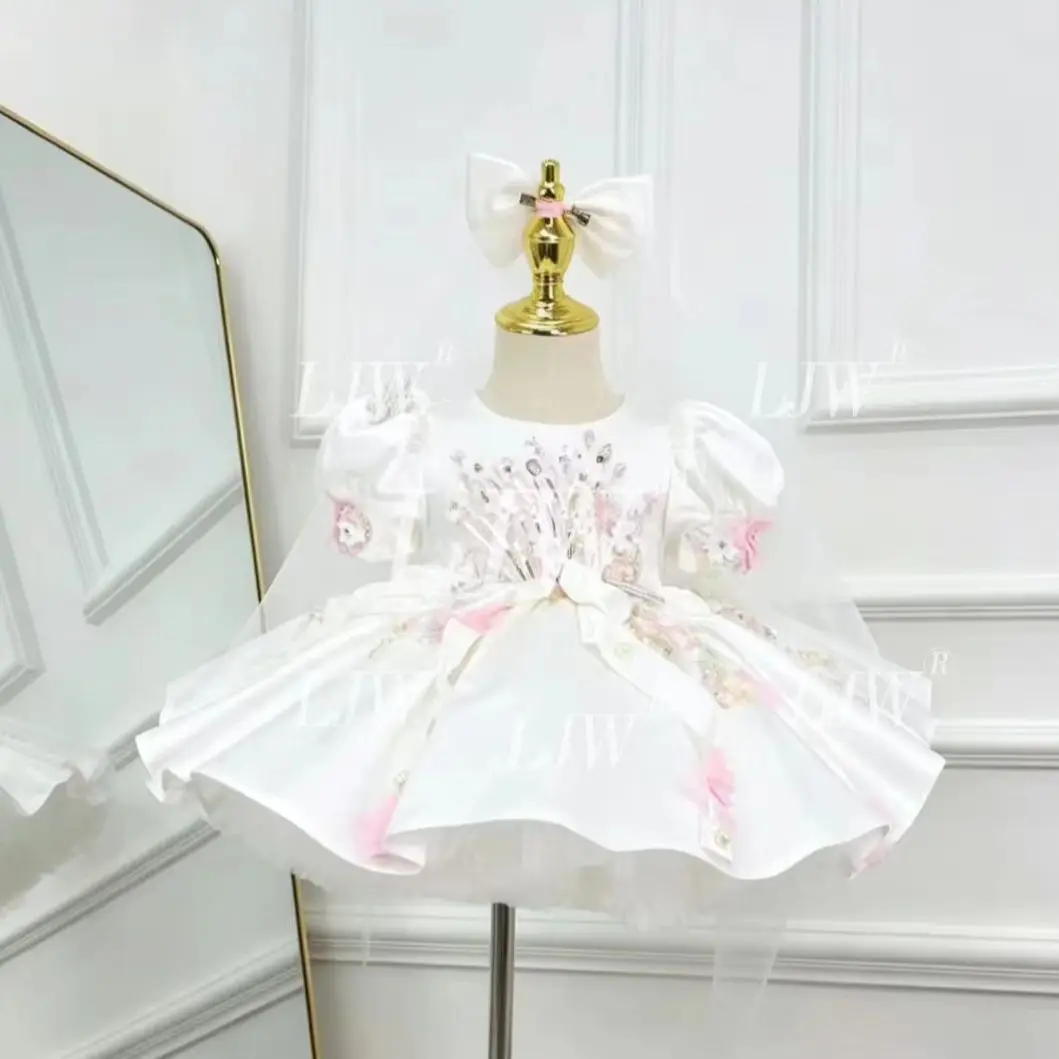 Baby Girl White Satin Princess Dress with Pink Beaded Embroidery Elegant Girl Bubble Sleeve Birthday Dress Baptism Wedding Flowe