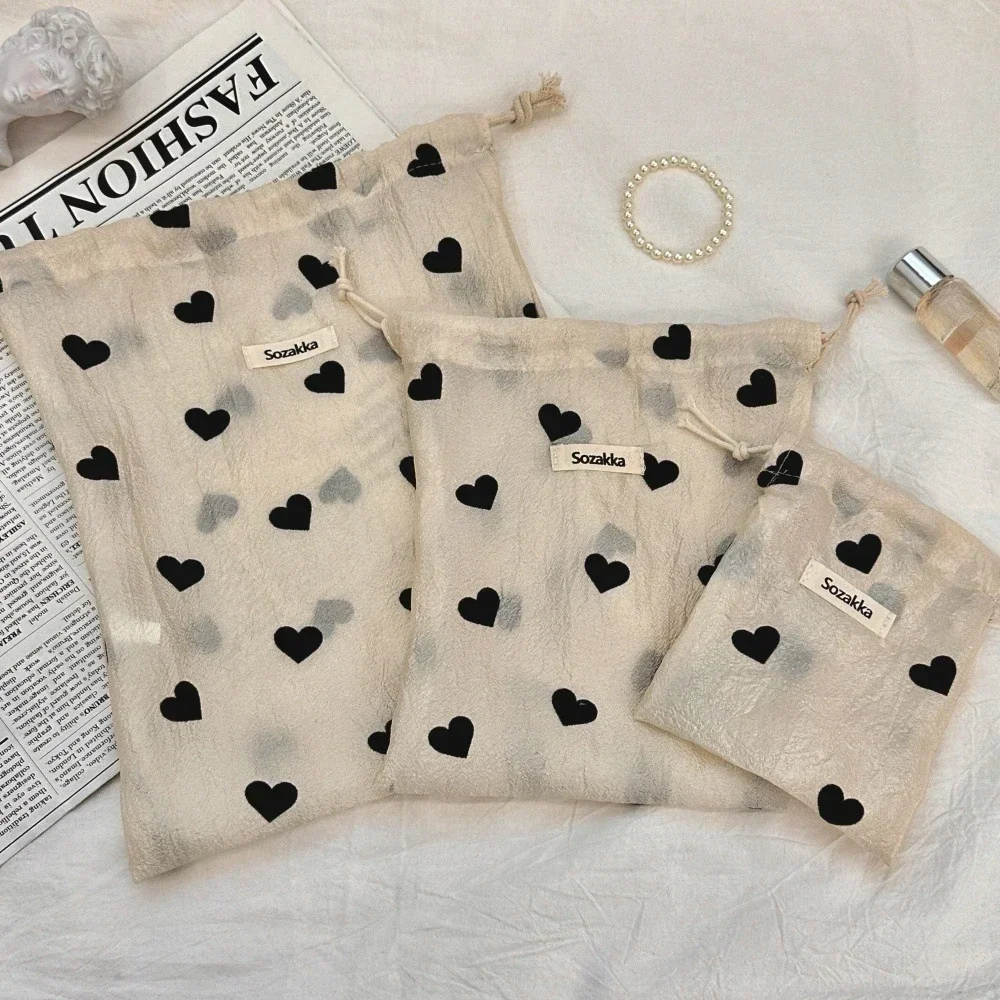 Heart-shaped Print Polyester Drawstring Bags Small Pouches Jewelry Package Bags Christmas Wedding Packaging Gift Bags