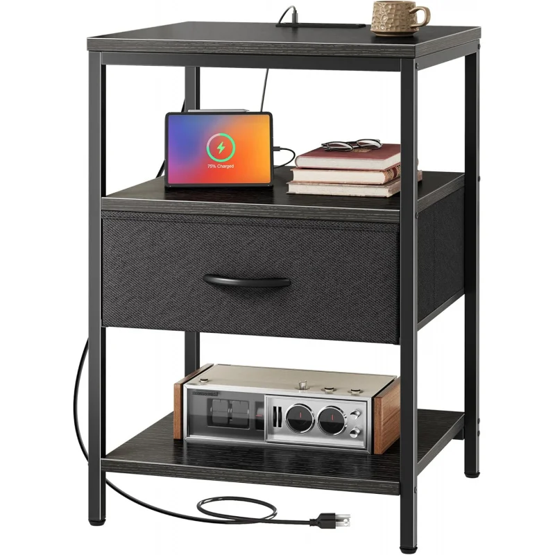 

Bed Side Table with Adjustable Fabric Drawer, Night Stand for Bedroom, 3-Tier Storage End Table, for Living Room.