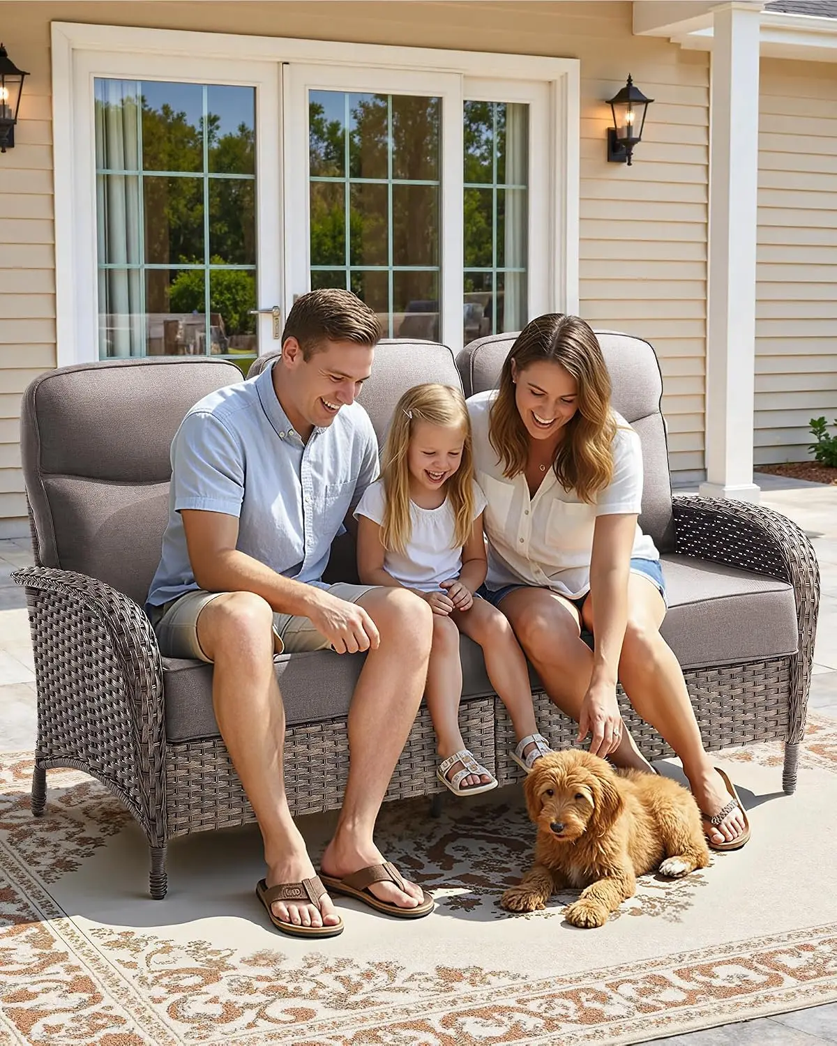 3-Piece Wicker Patio Sofa Set 6-Inch Cushions, Outdoor Furniture Covered Couch Ottoman All-Weather Seating Backyard Porch