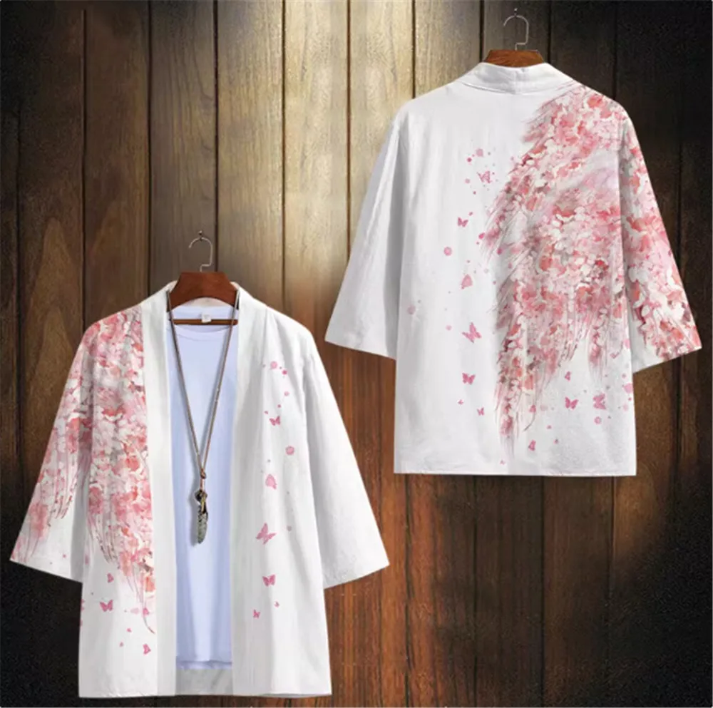 Feather Wing Pattern Casual Kimono Summer Beach Haori Cardigan Yukata Tops Retro Samurai Harajuku Oversized Men's Clothing