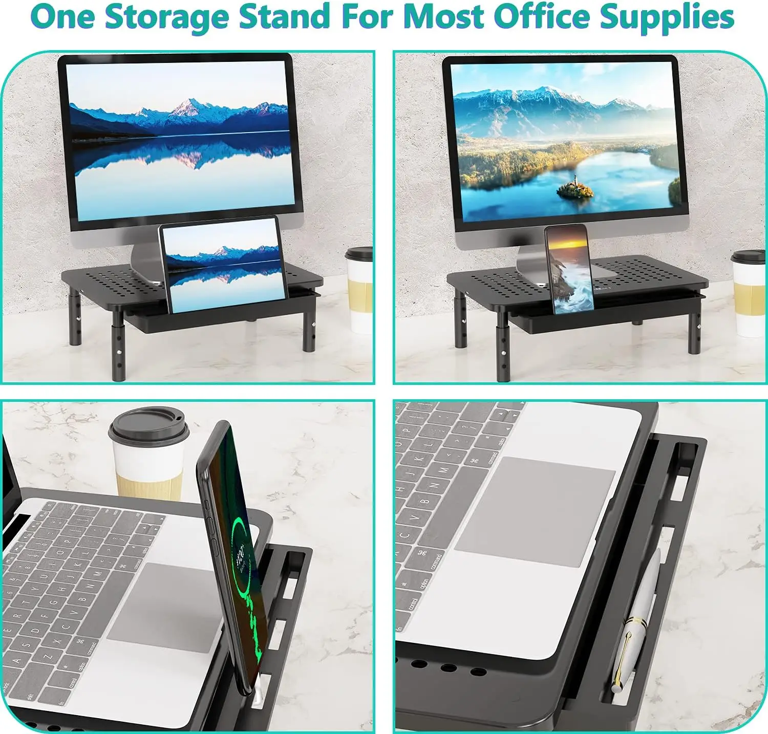 Monitor Stand with Storage, Height Adjustable Laptop Riser, Desk Organizer for Computer, Laptop, Printer - Black (STT003D-B)