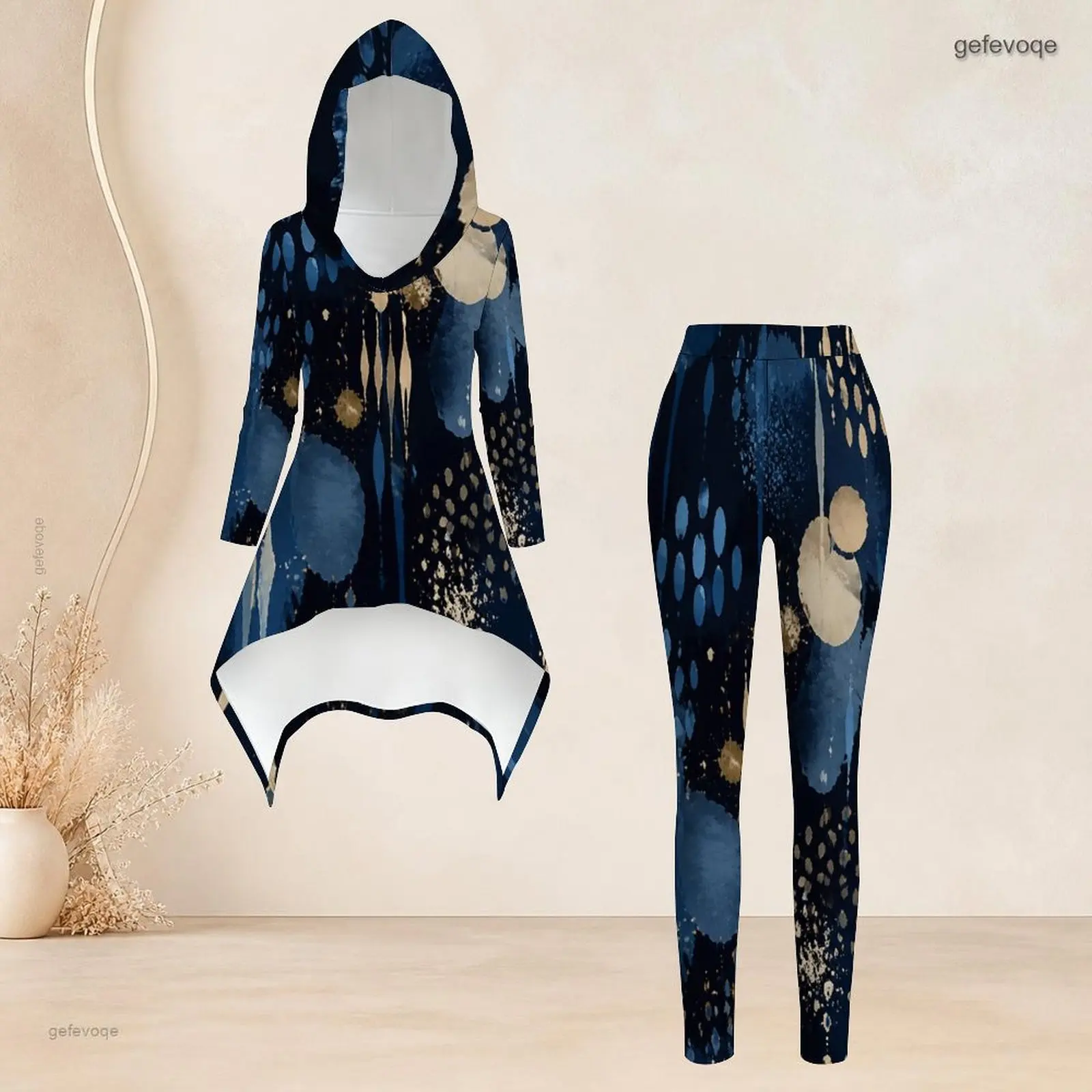 Women Abstract Blue Gold Printed Hooded Long Sleeve High Low Top Fitted Pants Two Piece Set