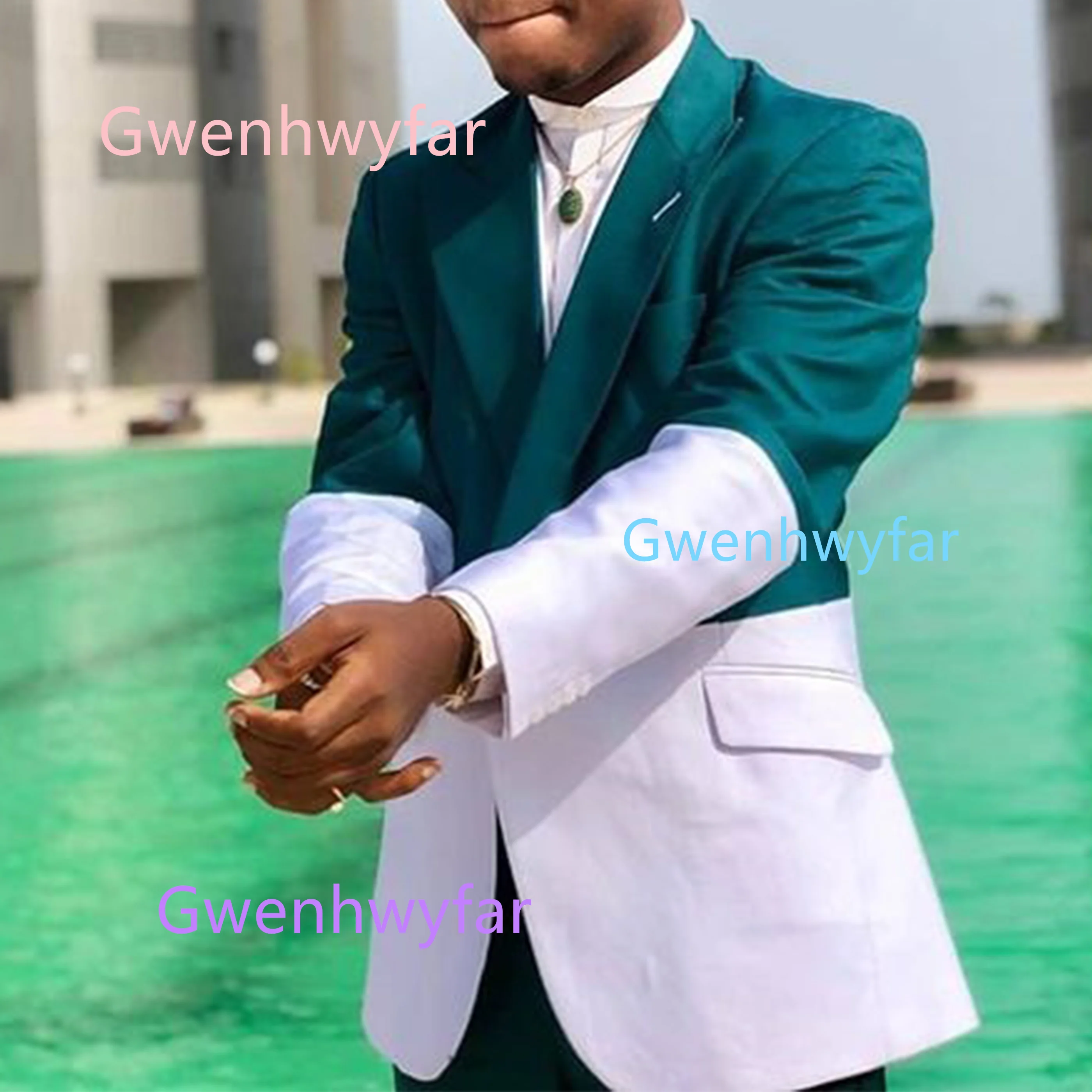 

G&N Young Men's Green And White Patchwork Suit 2-Piece Set Office Casual Wear Customizable Party Outfit Jacket And Pants