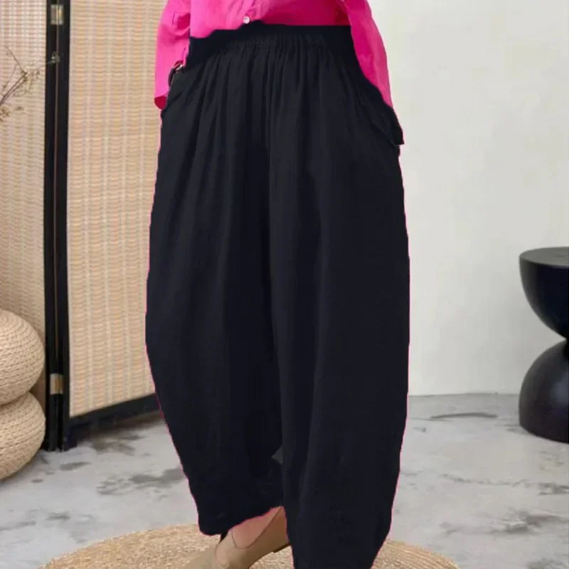 التخسيس لون نقي النمط الياباني سراويل تقليدية فضفاضة مرونة الخصر رقيقة تسع نقاط سراويلي حريمي الصيف فضفاضة تناسب بنطلون #2