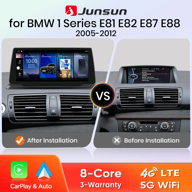 Junsun Drahtloses Carplay Android Auto Autoradio für BMW 1er E81 E82 E87 E88 2005–2012 4G WiFi GPS Intelligente Systeme Stereo