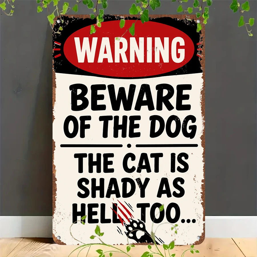 2D flat retro metal tin plate, Vintage Beware of Dog and Shady Cat Tin Sign, Suitable for home, garage, café, bar and garden decoration