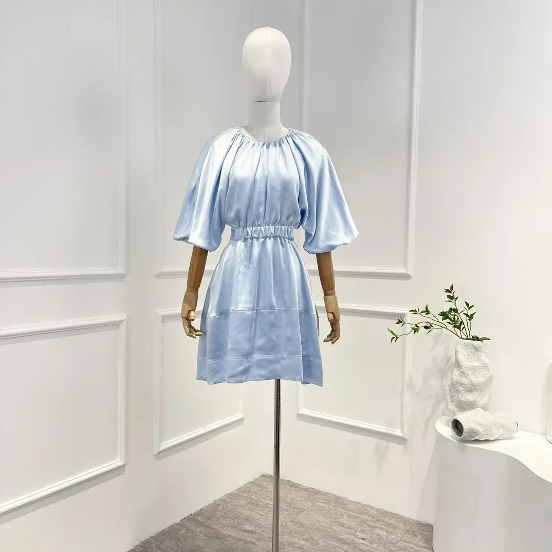 Mini vestido elegante para mulheres, azul céu, branco, preto, elástico na cintura, recortado meia lanterna manga, qualidade superior, nova coleção