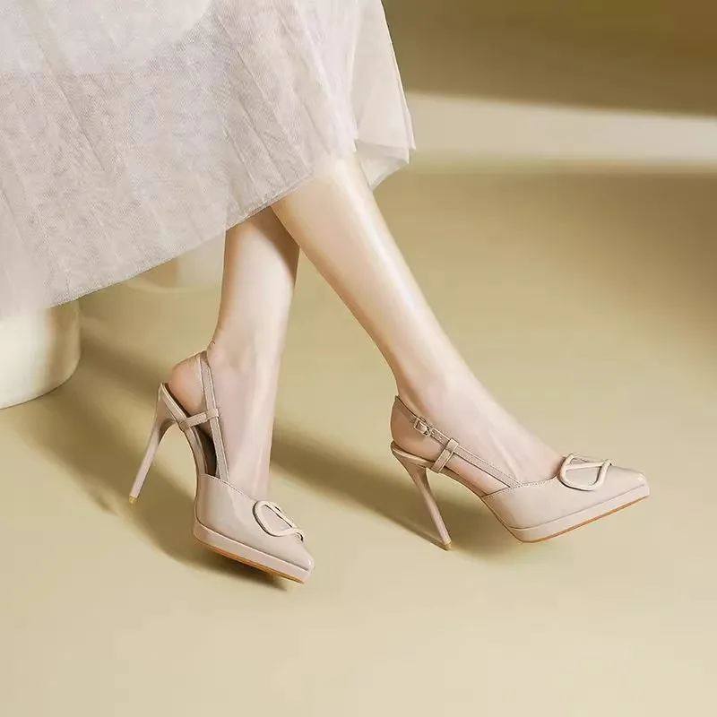 V-Notch Nude Color Waterproof Platform Sandals Women's High Heels Sexy Backless Single Strap Shoes Fashionable Summer New Arr...