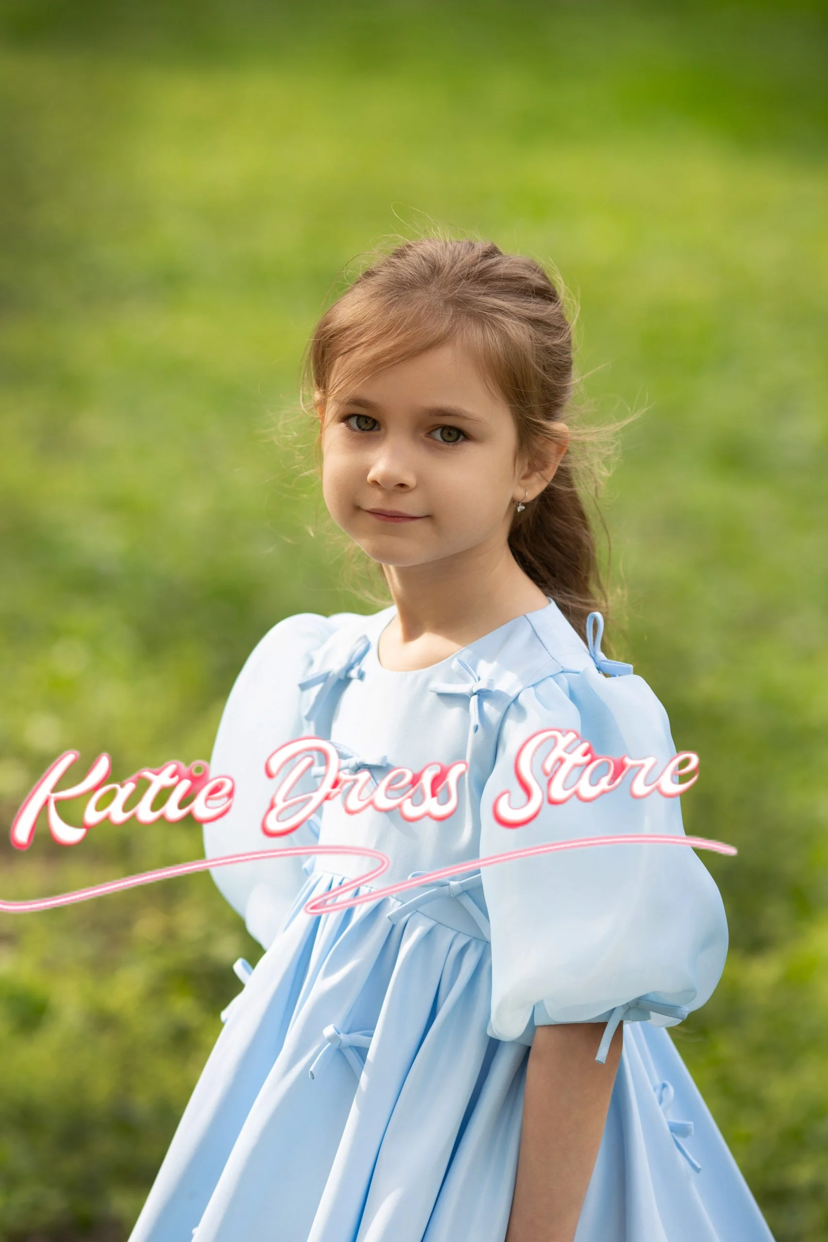 Céu azul cetim flor menina vestido para casamento inchado com arcos princesa crianças festa de aniversário primeira comunhão vestidos de baile personalizado