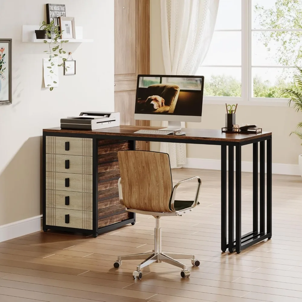 Computer Desk with 5 Drawers, 55-Inch Home Office Desk with Reversible File Drawer Cabinet, Modern Wooden Work Writin