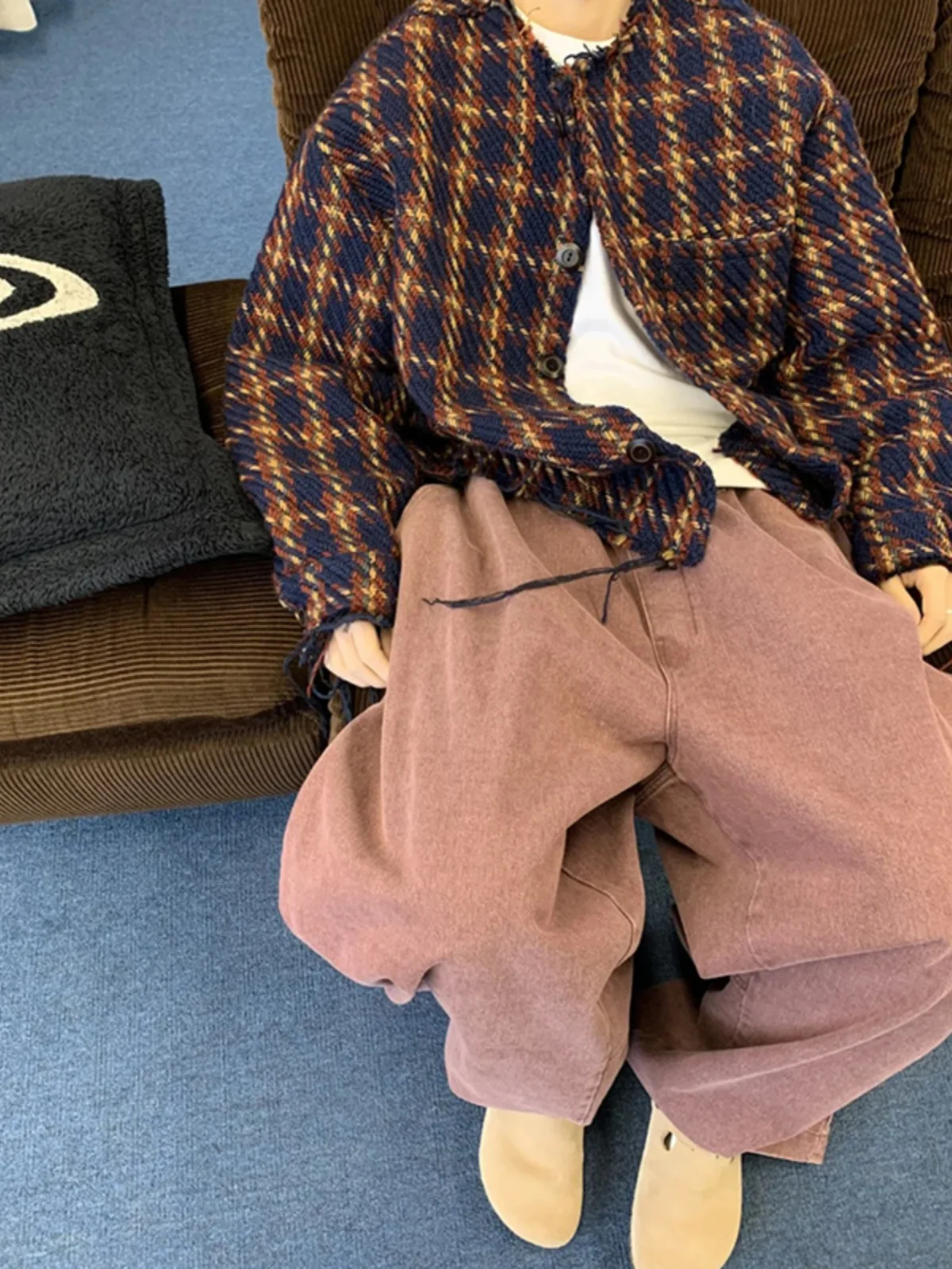 

Autumn American Sle Worn ort Knitted Jaet Men's Vintage Lazy Collarl Plaid Trimming Coat Loose Fit Teenage