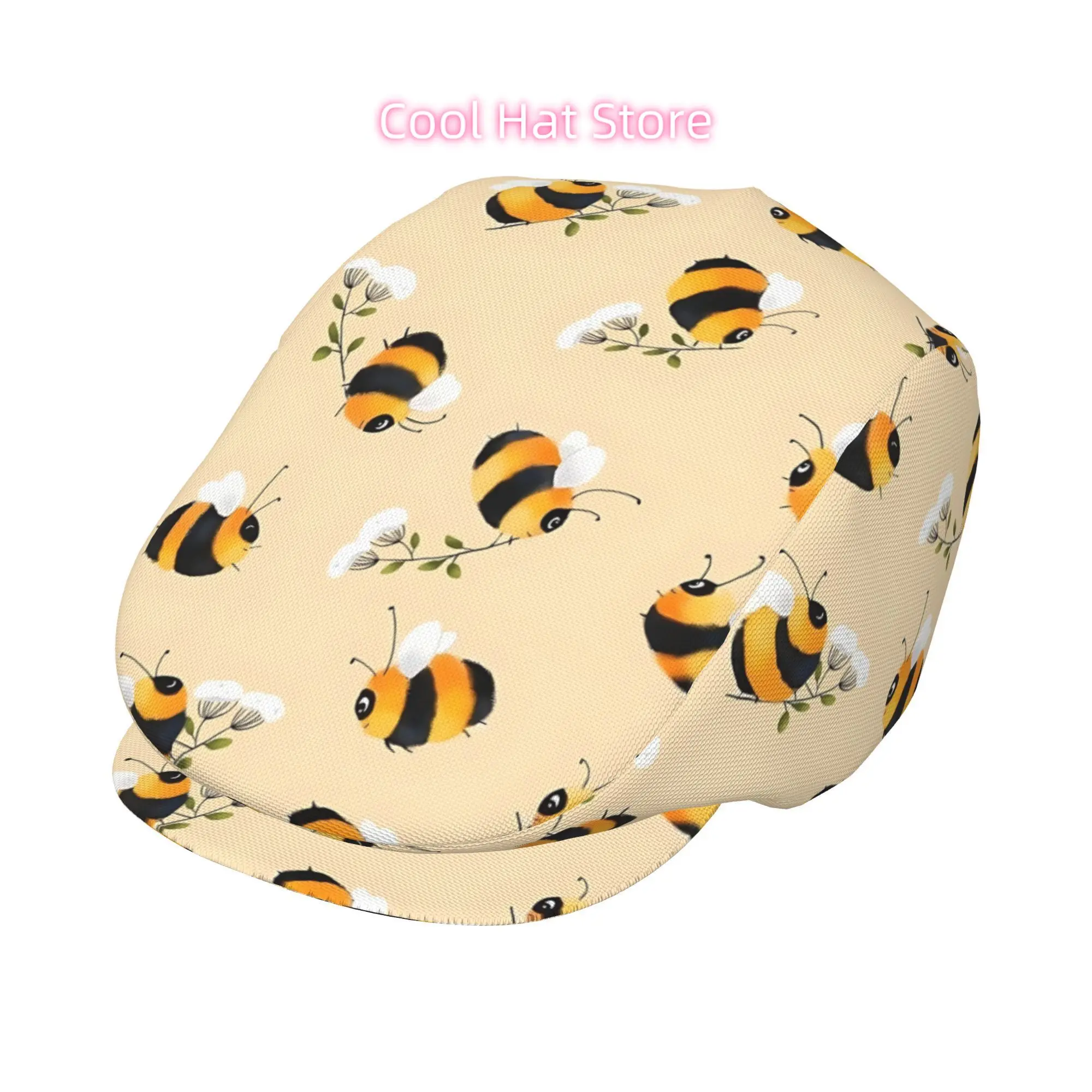 Cartoon Bee with Beige Background Men Beret Hat Polyester Adjustable Newsboy Hats Cabbie Gatsby Cap Driving Flat Caps Women Cabb
