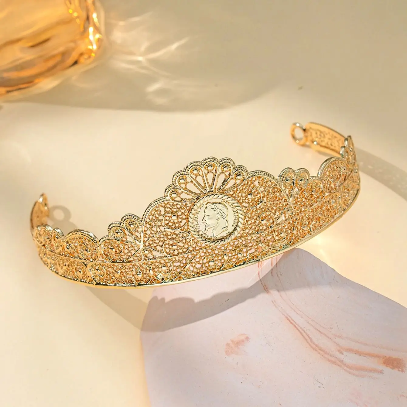 

Napoleon Figure Head Gold Color Arabic Coin Women's Wedding Hair Crowns Algerian Hairwear Robe Accessory