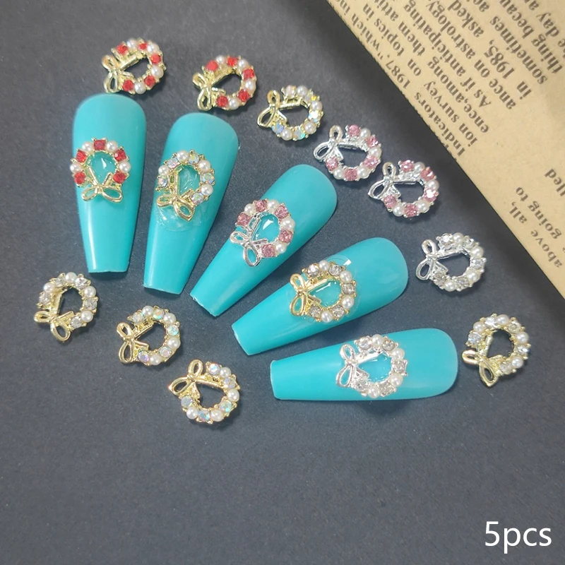 5Pcs Winter Hot Sale Boxed Christmas Wreath Nail Decorations Alloy Colourful Exquisite DIY Nail Accessories