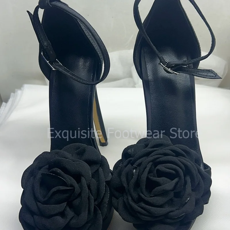 

Red Black Satin Women Sandals Sexy 3D Flower Platform Open Toe Ankle Strap Stiletto High Heels Elegant Wedding Party Plus Sizes
