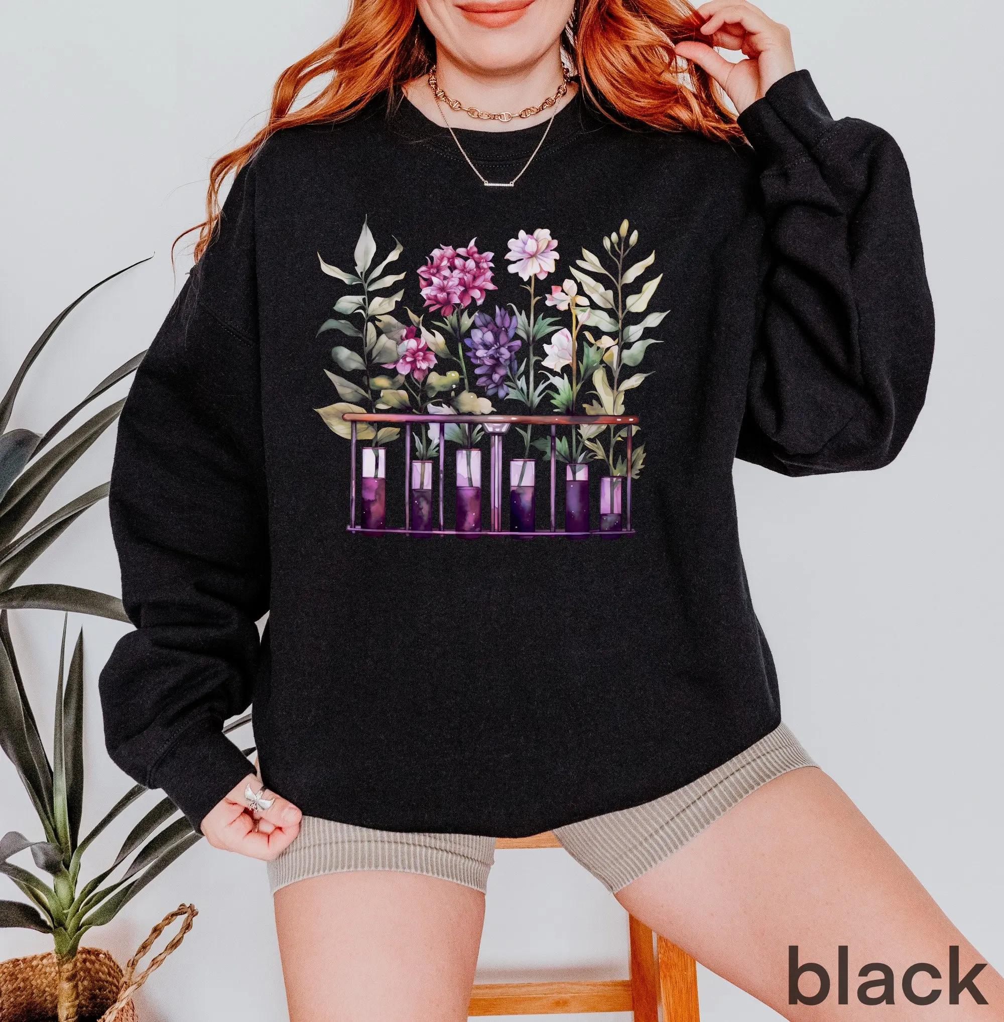 

Floral Test Tubes Sweatshirt Beakers Chemistry Lab Scientist Gift Biology Fantasy Apparel Y2K Top Dark College Daily Sweatshirt