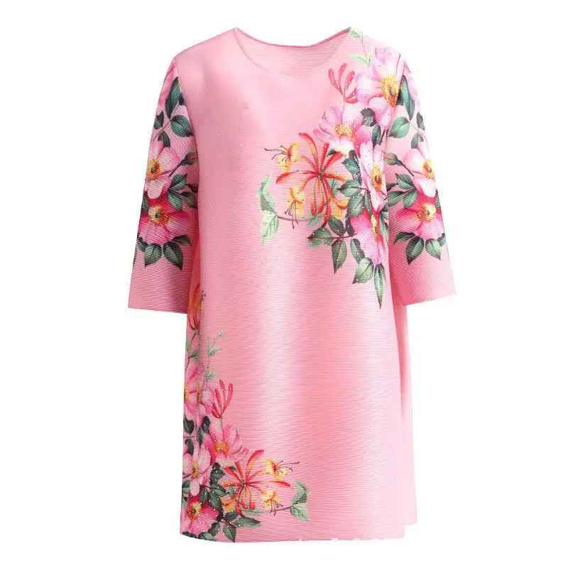 Zomer geplooide gedrukt Chinese stijl 2024 nieuwe top vrouwen ronde hals gedrukt losse T-shirt vintage koreaanse tops