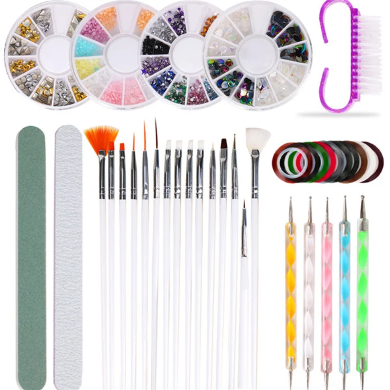 Nail Art Tools Kit for Acrylic Nails, 47 PCS  Design Kit with Gel   Brushes, Dotting Tool,  Rhinestones and Nail Tape Strips,