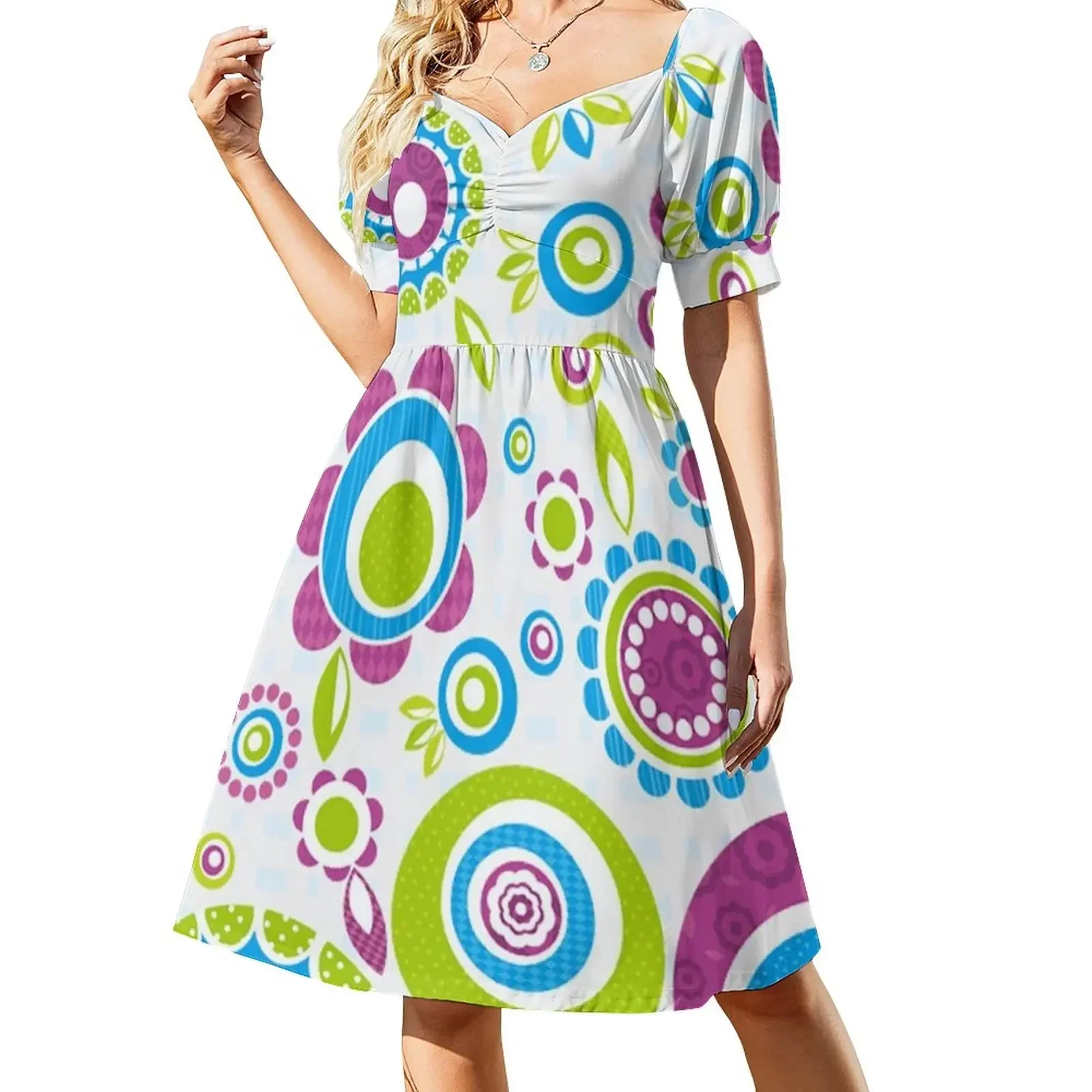 

Retro Mod Green, Purple and Aqua Flowers and Abstract Sleeveless Dress women dress Long dress woman