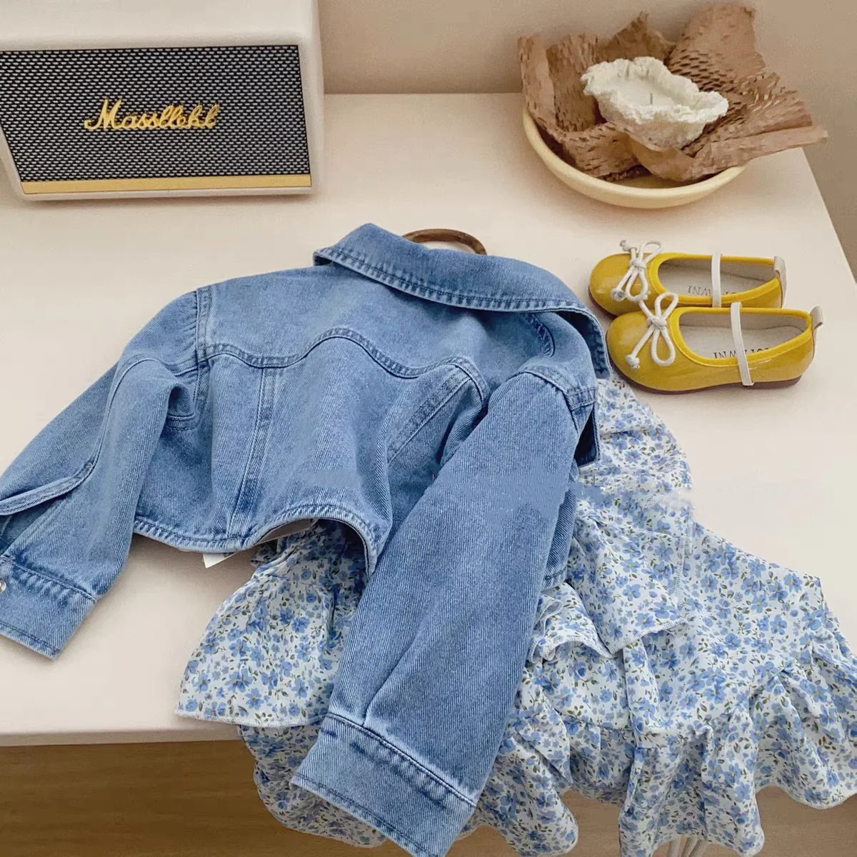 Baby Girls\' Clothes Suit Children 2023 Spring  Summer New Kids Denim Jacket Coat + Suspender Floral Dress 2PCS Clothing Set