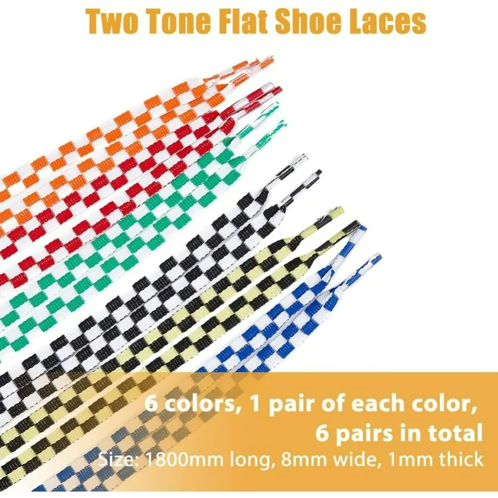 6 Pairs 6 Colors 1.8m Two Tone Flat Shoe Laces Tartan Pattern Shoelace Plaids Stripe Casual Shoe Strings Checkered Shoelace