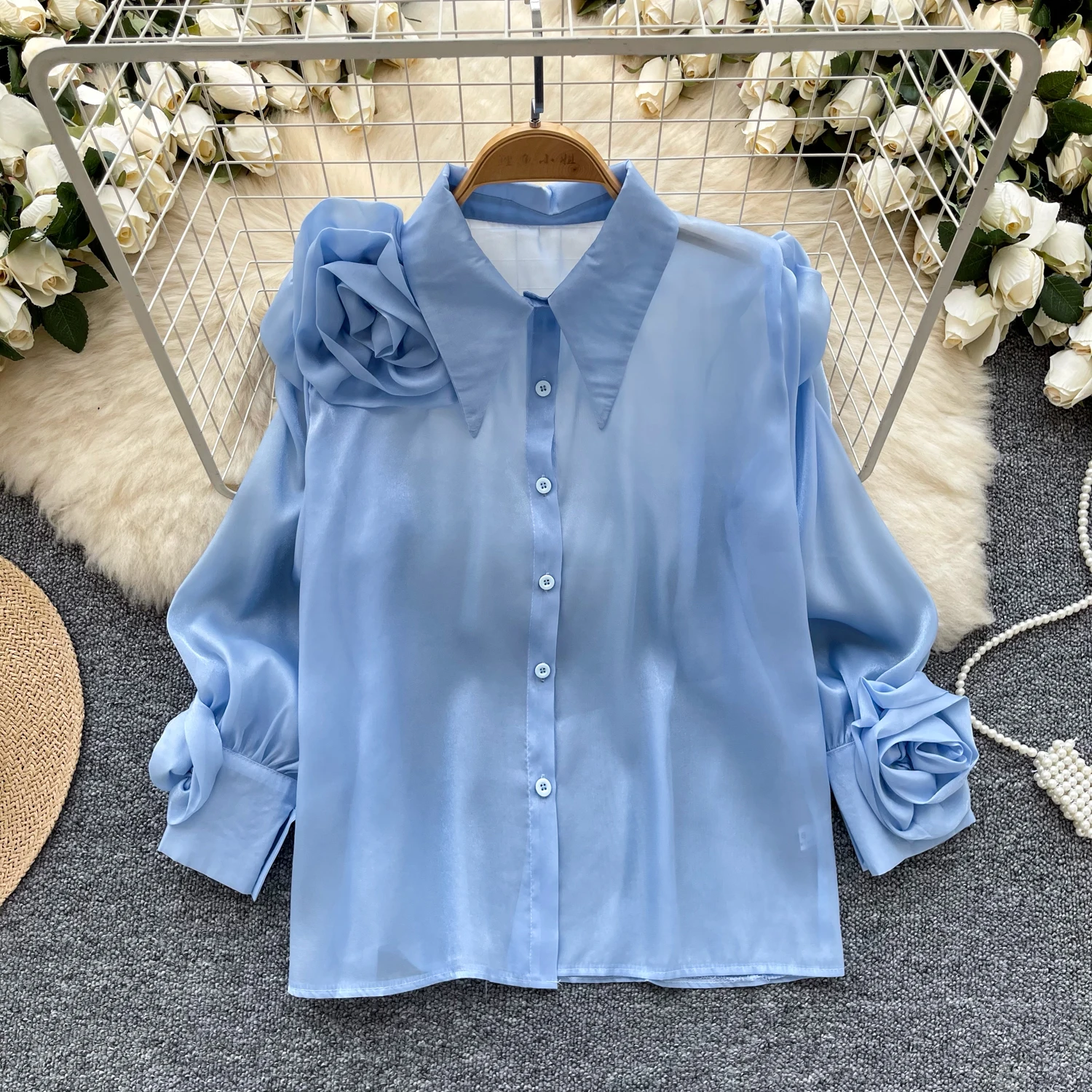 Chic Three-dimensional Floral Pleated Casual Long Lantern Sleeve Sexy  Basics Turn-down Collar High Street Vintage Autumn Blouse