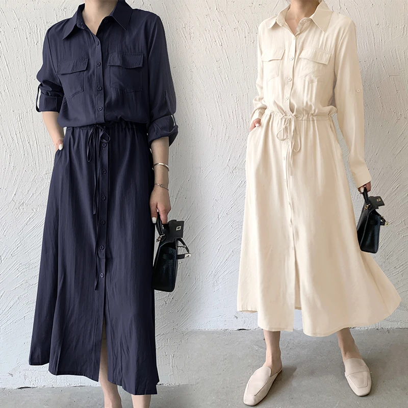 

Spring 2023 Women's Long Sve irt Dr Japanese Sle Dstring Waist Midi Casual Collar Dr Skirt Single Piece A-Line