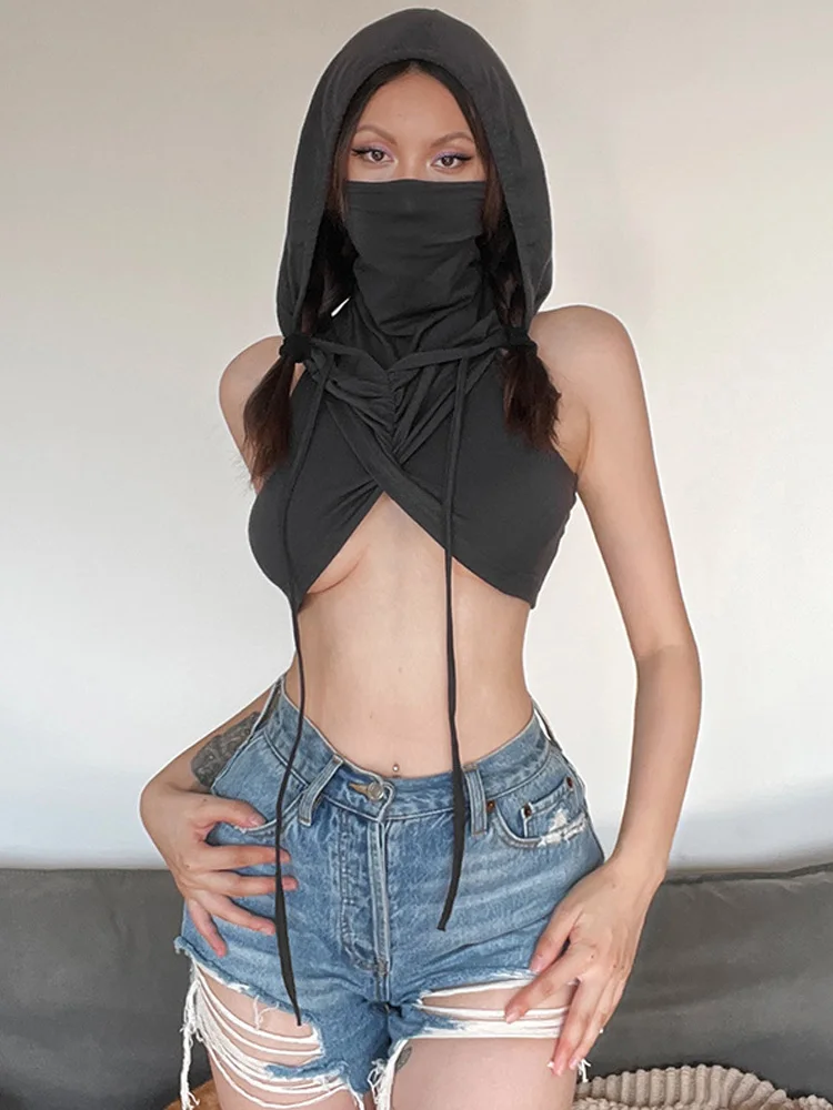 Sexy Hooded Soild Silm Tanks For Women Clothes Mouthpieces Short Crossover Design Hot Mujer Streetwear Sleeveless Y2k Crop Tops