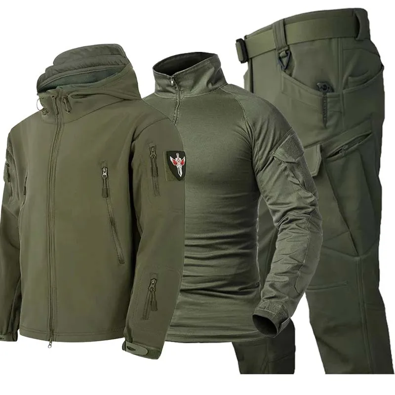 3PCS Shark Skin Tactical Sets Mens Thicken Fleece Soft Shell Uniform Combat Jackets Windproof Tops Warm Cargo Pants Waterproof