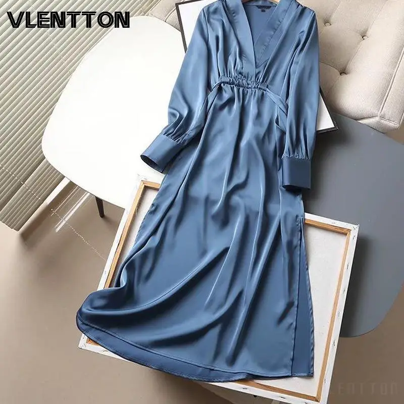 2024 Spring Women Fashion Leisure Elegant Party Dress Female Sexy V-Neck Long Sleeve Solid Midi Satin Dresses