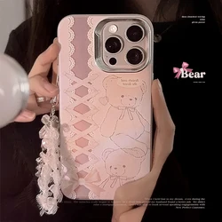 Korea Cute Pink Graffiti Bear Bow Ribbon Frosted Laser Phone Case Chain For iPhone 15 14 13 11 12 Pro Max Lanyard Cover