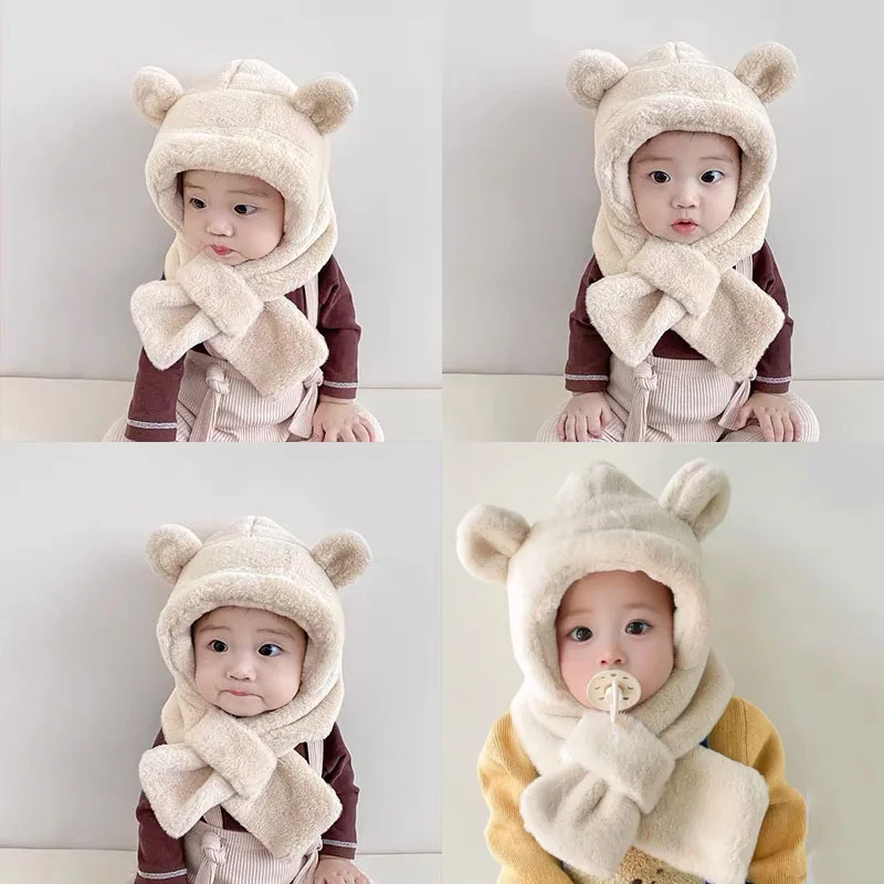 Winter Baby Hat One-Piece Faux Fur Kids Hat Hooded Scarf Bear Ears Warm Neck Ear Cap for Girls Boys Windproof Beanies Infant Cap