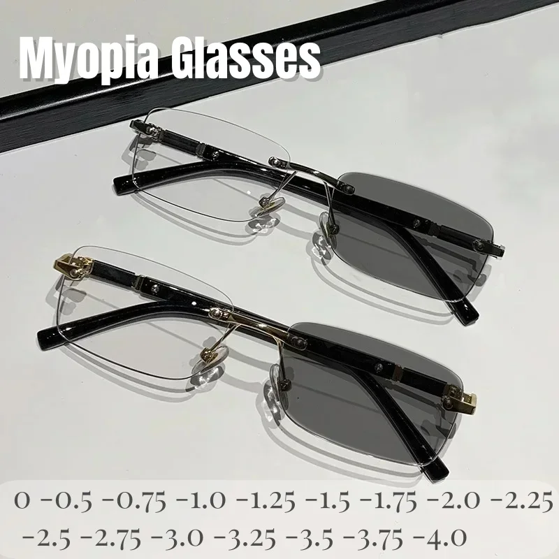 

Color Changing Anti Blue Light Frameless Myopia Glasses Men's and Women's Business Metal Frame Myopia Glasses -50 -75 -125 -400