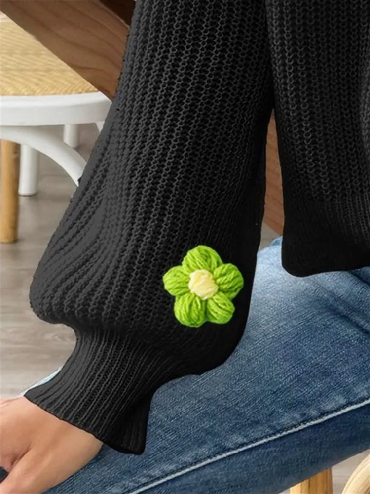 Suéter de flores de punto para mujer, cárdigan de manga larga con botones, ropa de calle negra, prendas de vestir de otoño e invierno, 2024