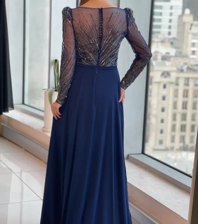 2024 Elegant Evening DressSpecial Occasion Gown Illusion Neckline Full Sleeve Side Slit Maxi Skirt